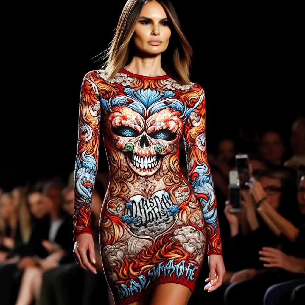 A second‑skin, long‑sleeve mini in stretch jersey with engineered, tattoo‑style trompe‑l’oeil